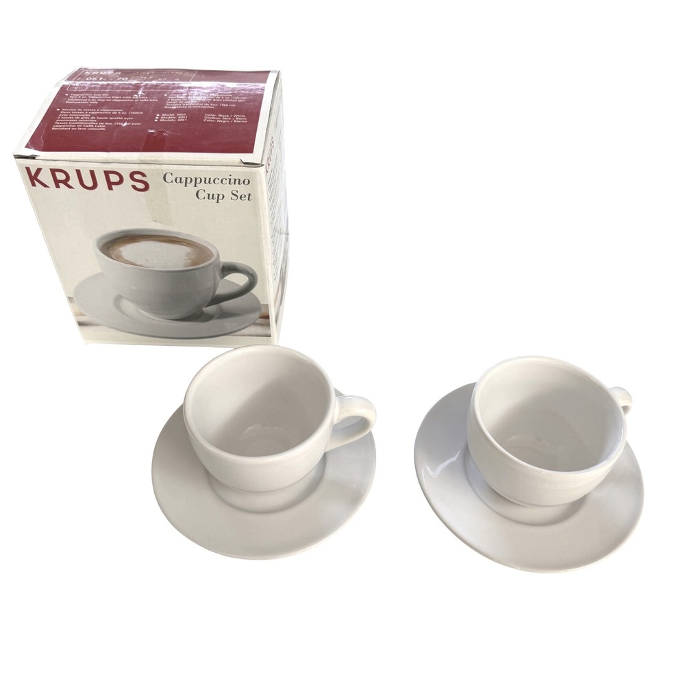 KRUPS Cappuccino Cup‎ & Saucer Set White Porcelain – 2 Cups 2 Saucers w/ Box